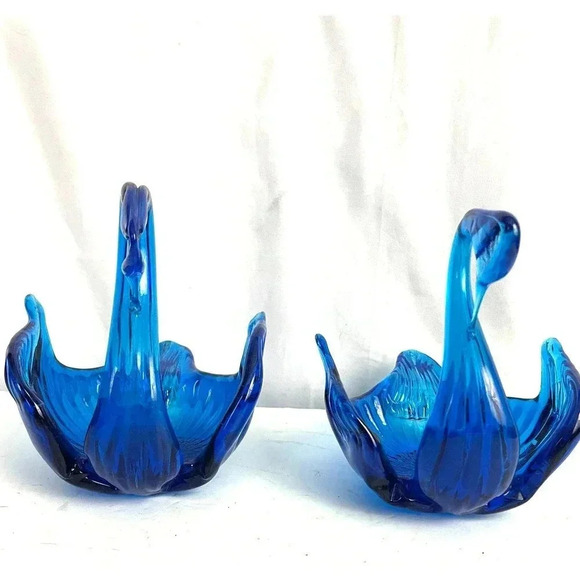 VTG Blue Glass Swan Trinket Candy Dish Bowl 6” Mid Century Modern Lot of 2 - Picture 3 of 15